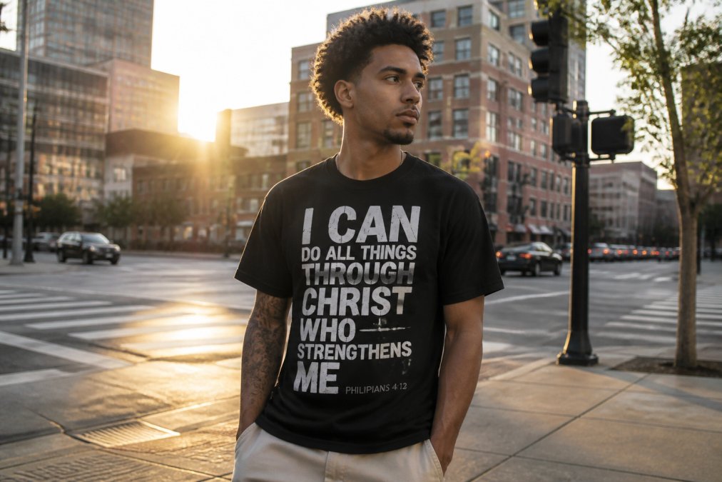 A young adult wearing a bold graphic t-shirt with a scripture verse in large typography, standing on a city street at golden hour with a confident expression