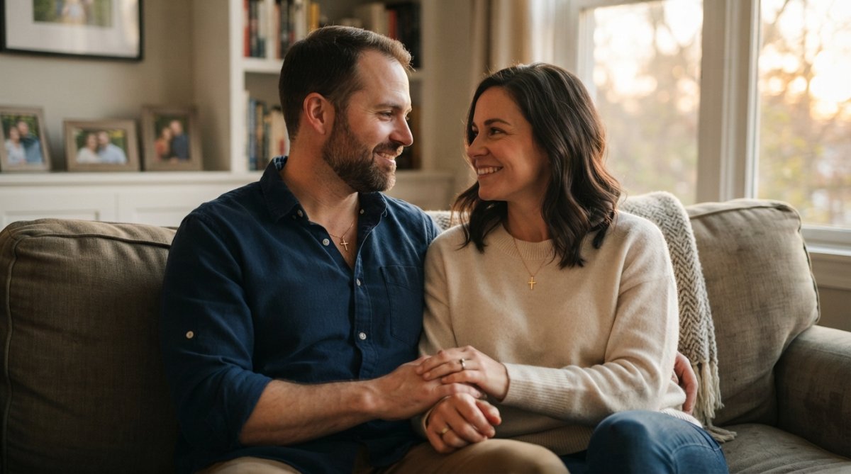 A married couple sitting close together on a sofa, holding hands, both wearing subtle gold cross necklaces, soft evening light through a nearby window
