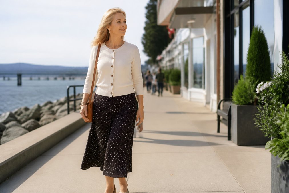 A confident woman in her mid-50s wearing a polished midi skirt and button-front cardigan, standing on a sunny coastal promenade near boutique storefronts, light breeze in her hair, relaxed and composed expression