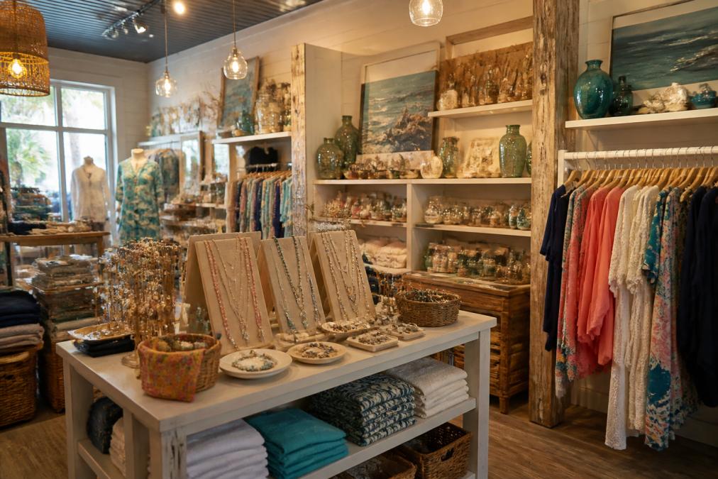 Interior of a welcoming boutique storefront with colorful coastal-themed merchandise, jewelry displays, and apparel arranged on shelves, warm lighting creating an inviting atmosphere