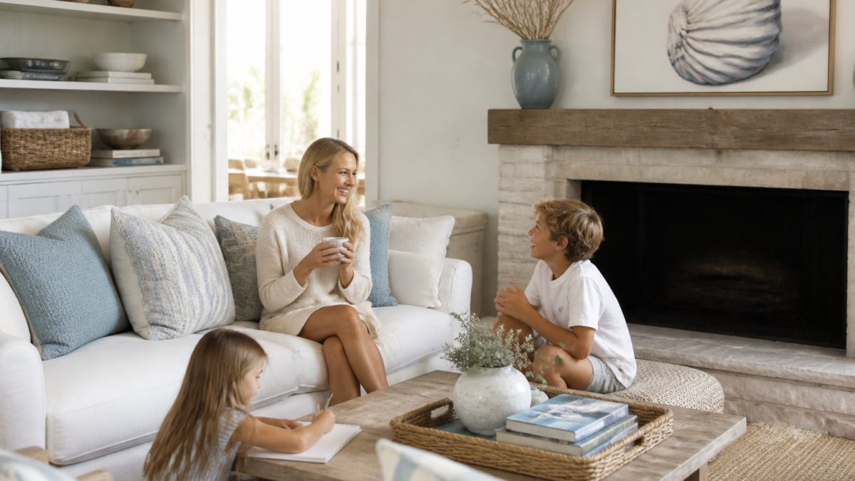 A bright, sunlit coastal living room with a slipcovered sofa, layered textured throw pillows, a ceramic blue vase holding dried branches on a side table, and large shell artwork above the mantel