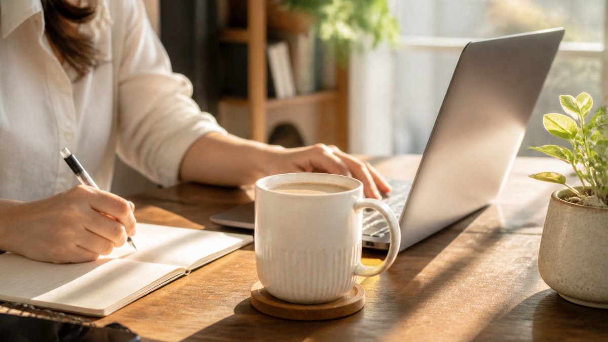 A white ceramic latte mug with a printed motivational message sitting on a tidy wooden desk beside an open laptop, a notebook and pen, and a small plant, in a bright home office with morning light through a window