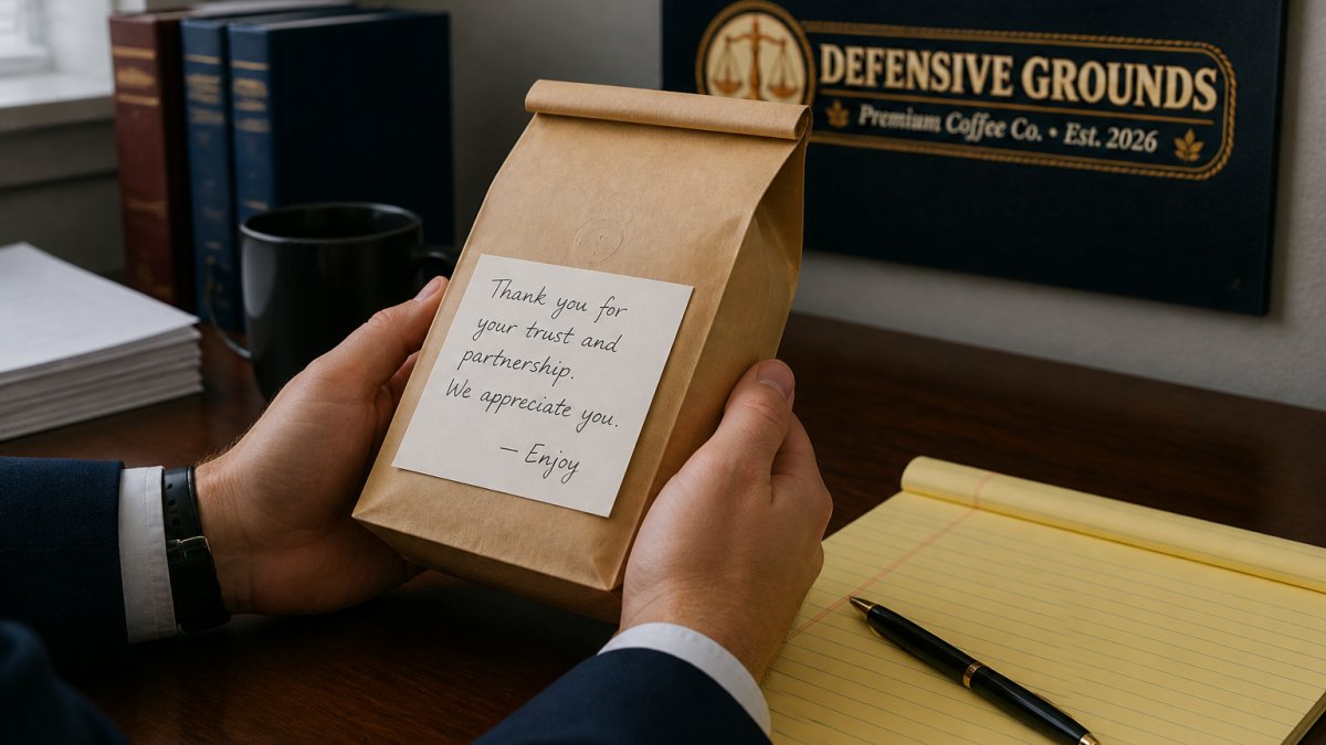 Close-up of hands holding a kraft coffee bag with a handwritten gift note and a pen resting on a desk beside a legal pad