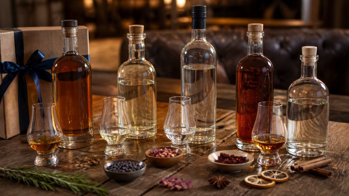 A wooden table displaying a curated selection of craft spirit bottles of different types, including whiskey, tequila, gin, and rum, with tasting glasses and scattered botanicals, warm natural lighting, inviting gift-giving atmosphere