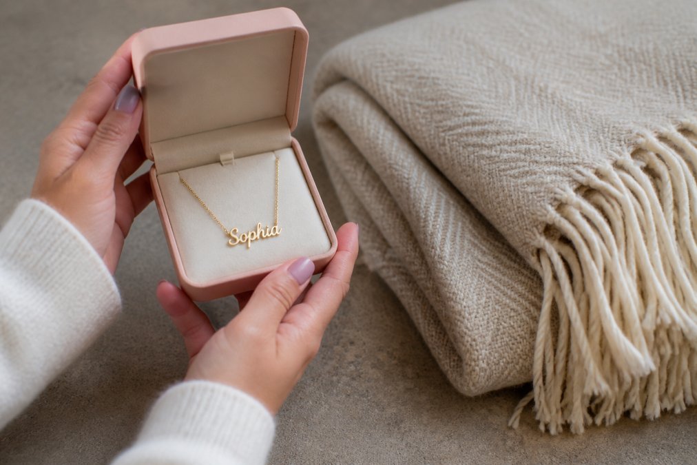 Hands holding a custom name necklace in a gift box, perfect as custom gifts for picky people.
