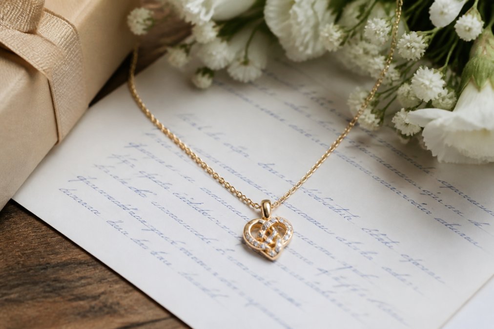Delicate gold custom necklace designs resting on a handwritten message card in soft, warm natural light.