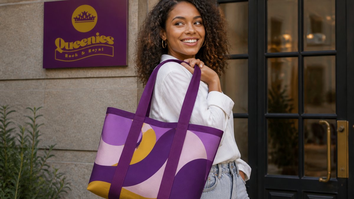 Woman holding a customised bag featuring her chosen colours and patterns, smiling confidently in natural daylight, showcasing the finished personalised accessory