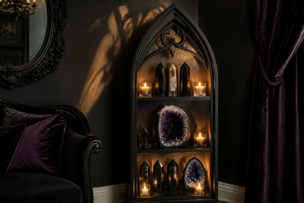 A dark moody living room corner featuring a gothic cathedral arch shelf displaying black onyx towers, deep purple amethyst geodes, and flickering candles with warm ambient lighting casting shadows on the wall