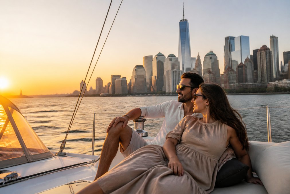 A couple relaxing on the deck of a private sailboat at golden hour, with the New York City skyline and harbor in the background, warm romantic lighting, intimate setting