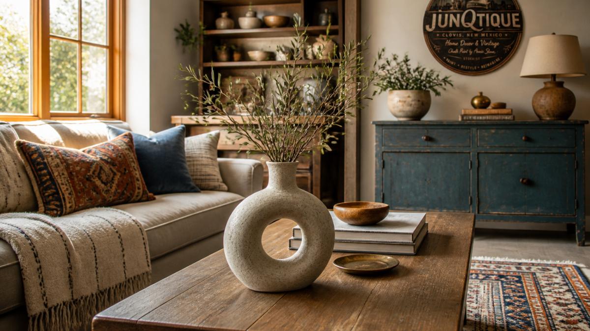 A cozy living room with a sculptural ceramic vase on a wooden coffee table, layered textiles on a sofa, and a vintage rug, bathed in warm natural light