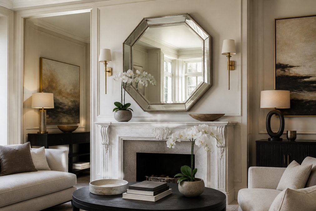 Elegant living room with a large statement designer mirror positioned above a fireplace mantle, reflecting natural light and creating spatial depth, with soft furnishings and artwork complementing the mirror's frame