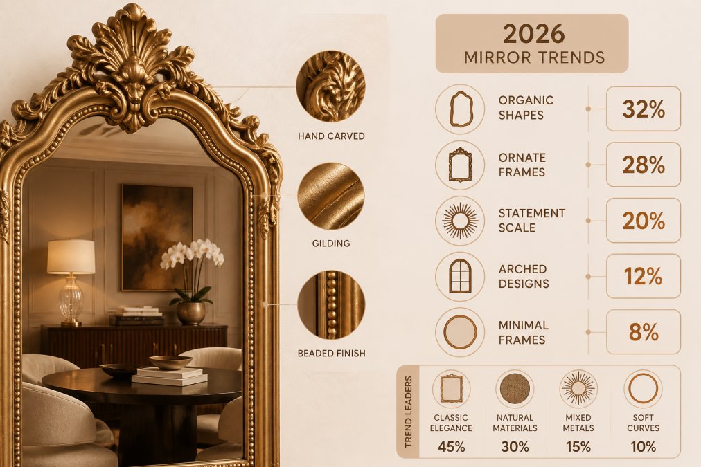 Close-up of an ornate gilt-framed mirror showing detailed artisan craftsmanship, gilding details, and the reflection of a luxury interior space with soft lighting