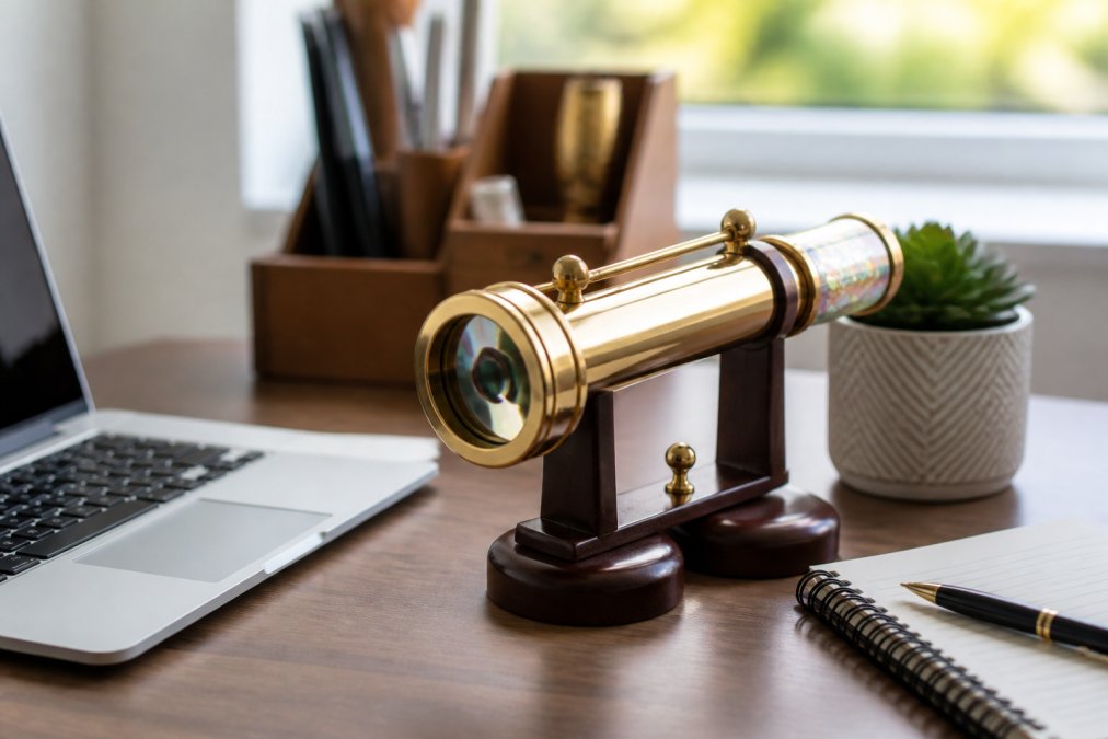 Handcrafted brass kaleidoscope on a desk as a piece of office decor