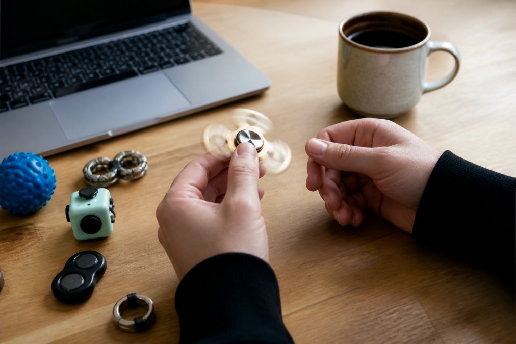 Hands spinning a metal fidget toy on a wooden desk with coffee and desk accessories nearby