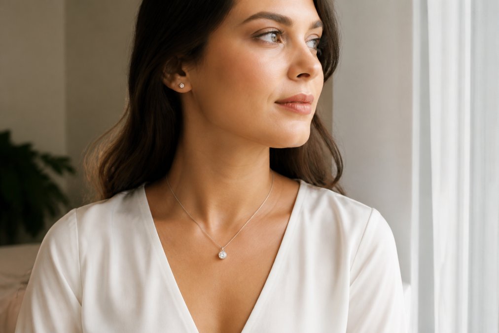 A woman wearing a V-neck blouse with a delicate diamond solitaire pendant resting at the collarbone, photographed in soft natural window light against a neutral background