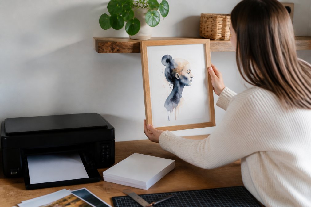 A person holding a freshly printed digital art portrait in a simple wooden frame, placing it on a shelf beside a printer and a stack of photo paper in a bright home office