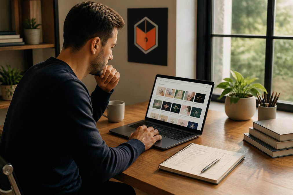 Entrepreneur working at modern desk with laptop displaying digital design assets and marketplace dashboard, notebook with product planning notes visible, natural window lighting
