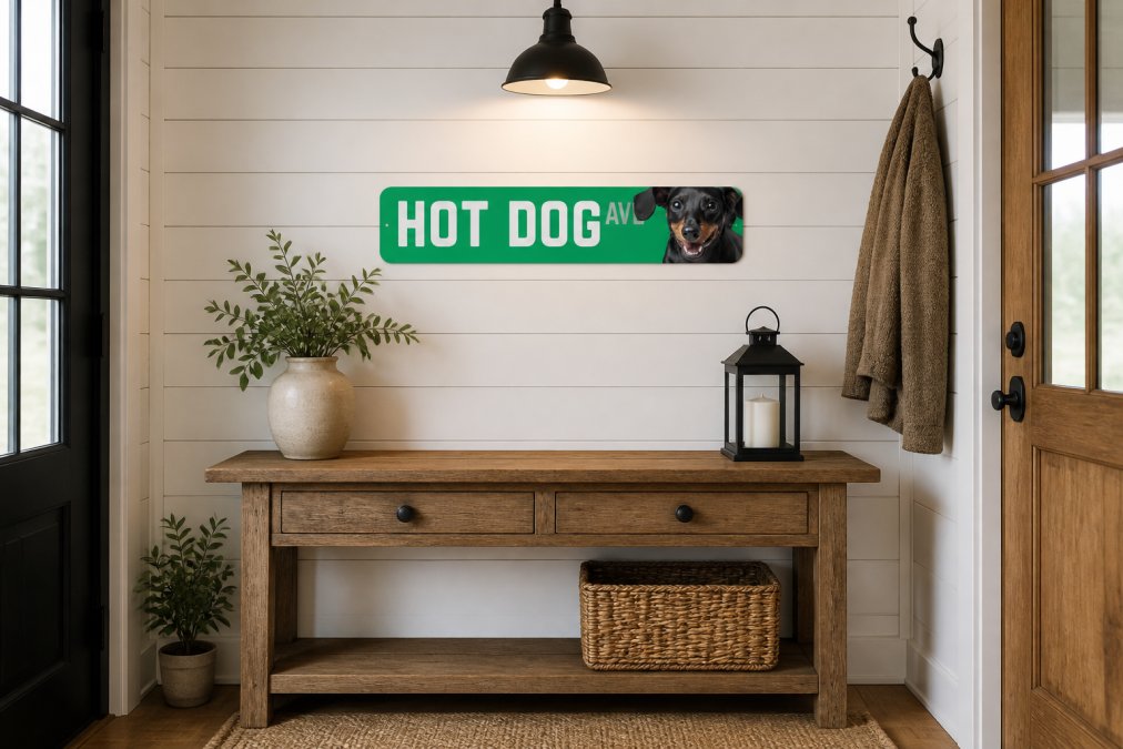 A dog breed metal sign mounted in a modern farmhouse-style entryway with shiplap walls, warm lighting, and rustic wooden furniture, showing how the aluminum sign integrates seamlessly with contemporary home furnishings and neutral color schemes