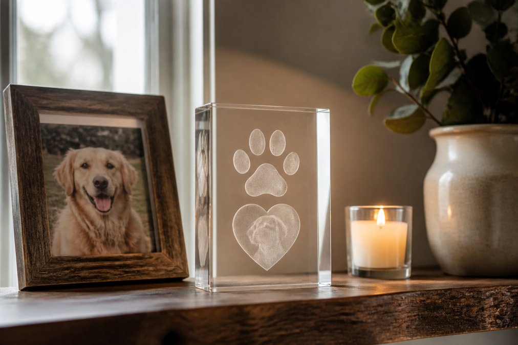 A cozy home shelf styled with a clear acrylic memorial photo block engraved with paw prints, a small candle, and a framed photo of a dog, soft natural light from a nearby window