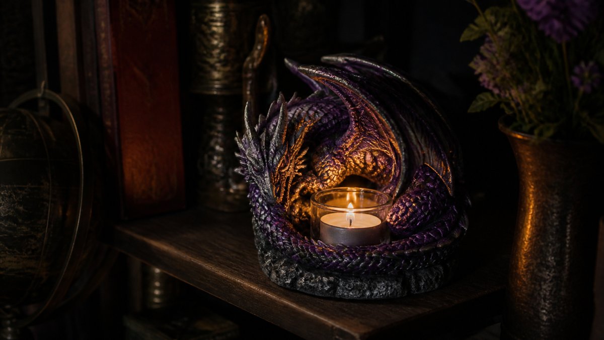 Purple and silver dragon figurine holding a glowing tea light candle on a dark wooden shelf
