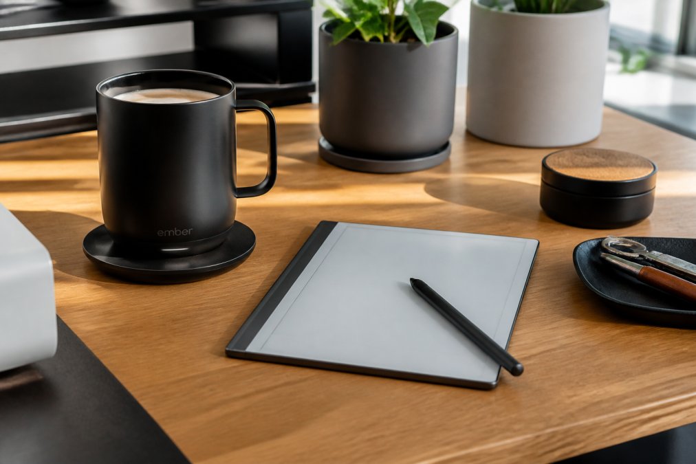 Modern desk workspace featuring a glowing Ember mug beside a reMarkable tablet with stylus, minimalist accessories, and natural daylight streaming across the desktop