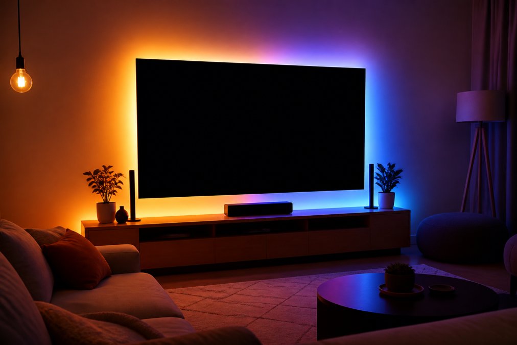 Living room with vibrant gradient-colored smart lighting strips behind a television, casting warm and cool tones across the entertainment space in evening lighting
