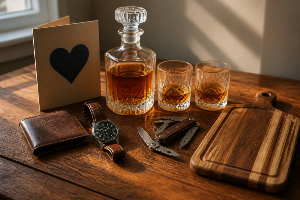 Collection of personalized gifts displayed on a wooden table with warm lighting: a leather wallet, engraved watch, whiskey decanter set, multi-tool, and cutting board, arranged with a Father's Day card and soft natural sunlight streaming across the scene