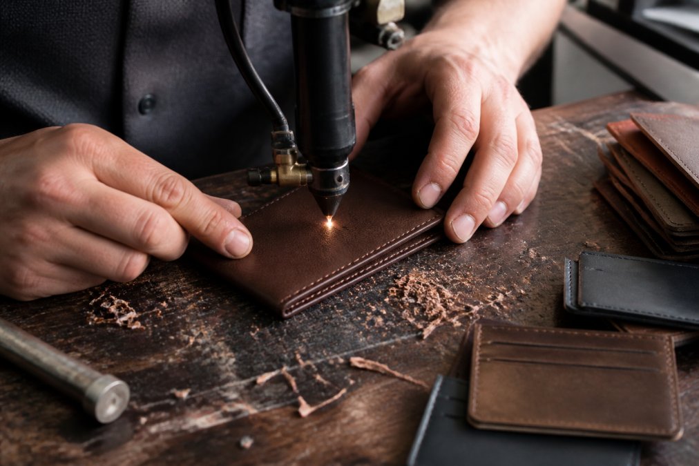 Close-up of a craftsperson's hands using a precision laser engraving tool on a leather wallet, showing the detailed beam of light creating custom text, with wood shavings and engraved samples visible on the workbench