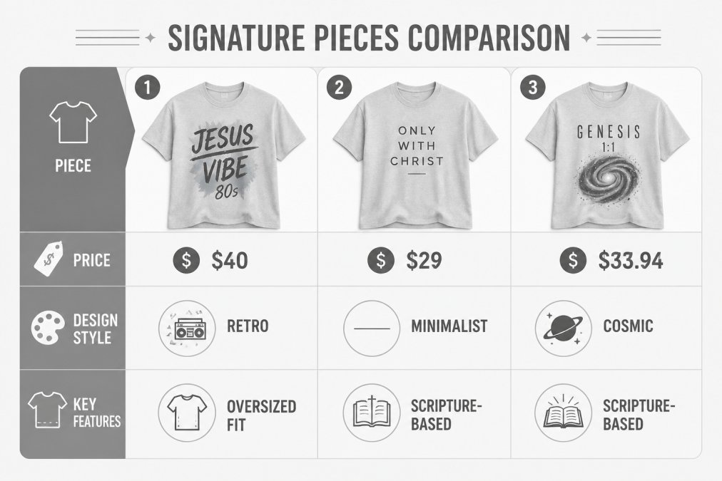 Comparison matrix showing Refined By Grace Boutique signature pieces: Jesus Vibe 80s ($40), Only With Christ ($29), Genesis 1:1 ($33.94), with design styles (retro, minimalist, cosmic) and key features (color blast, oversized fit, scripture-based)