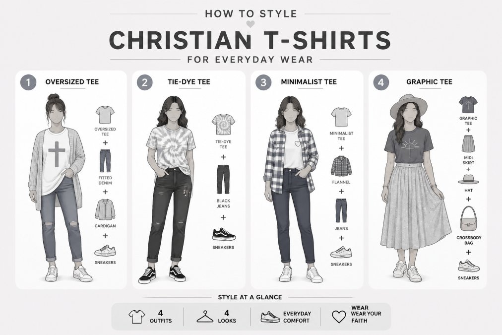 Visual styling guide showing 4 outfit combinations: (1) oversized faith tee with fitted denim and cardigan, (2) colorful tie-dye with black jeans and sneakers, (3) minimalist tee layered under flannel, (4) graphic tee with midi skirt and casual weekend accessories