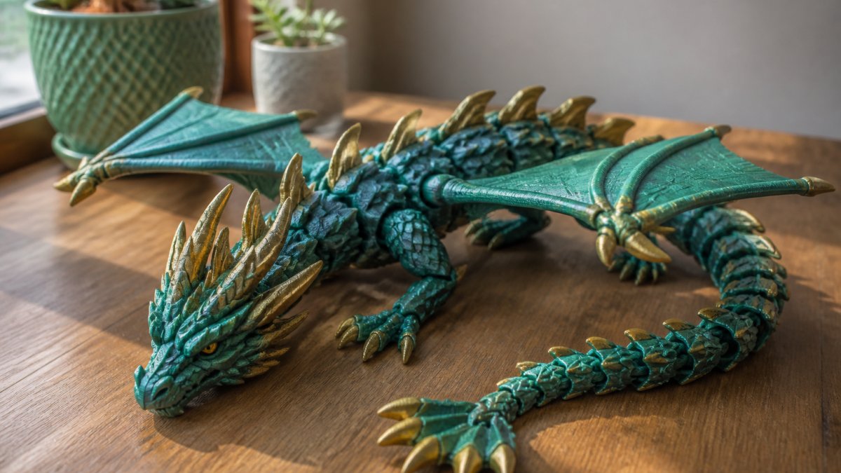 Diagram showing the flexible joint assembly process for dragon collectors creating articulated 3D printed figurines.