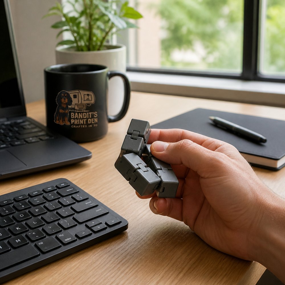 Close-up of a hand flipping a small 1.5-inch 3D printed infinity cube on a tidy office desk beside a laptop, keyboard and coffee mug, soft natural window light
