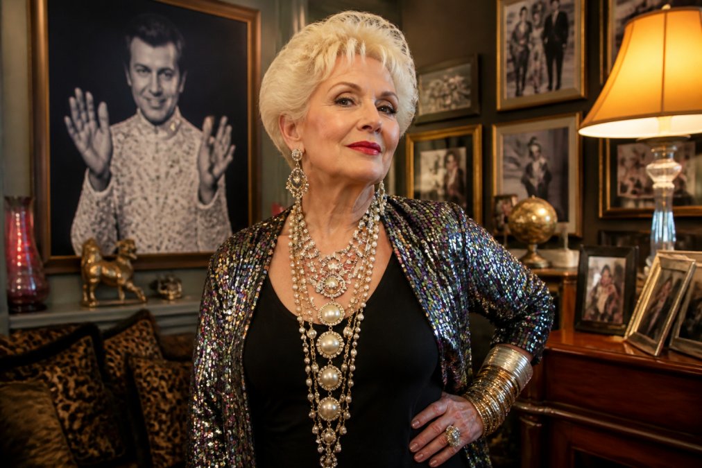 Stylish person in their 60s wearing flamboyant fashion accessories and a sequin jacket in a vintage room