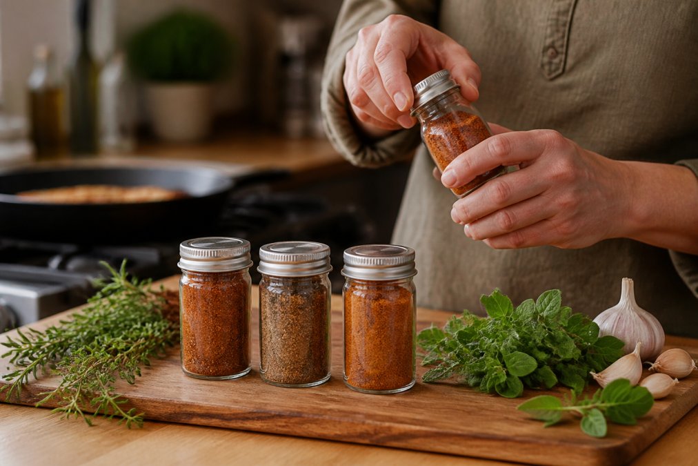 Close-up of hands opening a small-batch seasoning jar in a warm home kitchen, three jars of artisan BBQ rubs arranged on a wooden cutting board with fresh herbs nearby