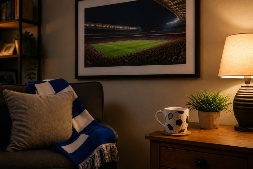 A cozy living room corner with a framed stadium photograph on the wall, a football-themed mug on a side table, and a supporter's scarf draped over a chair, warm evening lamplight