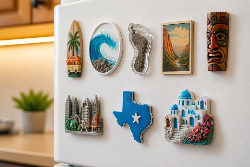 Close-up of a colorful assortment of travel souvenir magnets arranged on a white refrigerator door, including a soil-filled acrylic clear magnet, a vintage-style retro poster magnet, and a blue state-shaped magnet, photographed in warm kitchen lighting