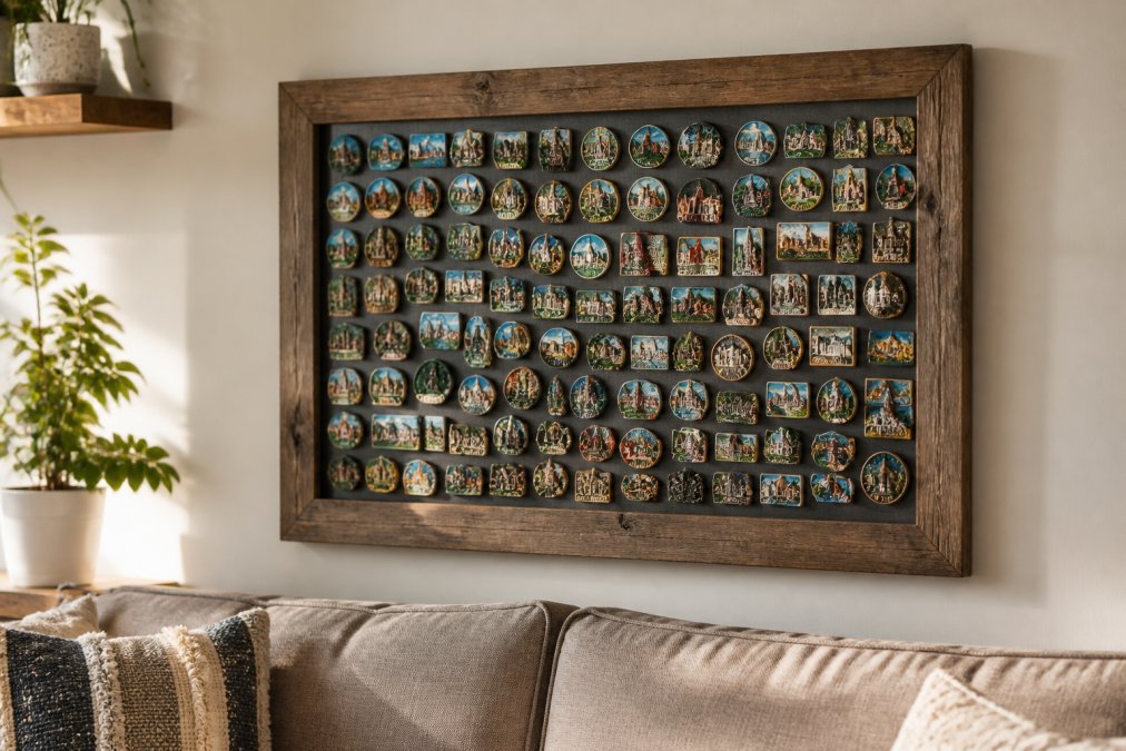 A rustic wooden-framed magnetic display board mounted on a living room wall, covered with an organized, colorful collection of travel souvenir magnets from various destinations, arranged by region, photographed in warm afternoon light
