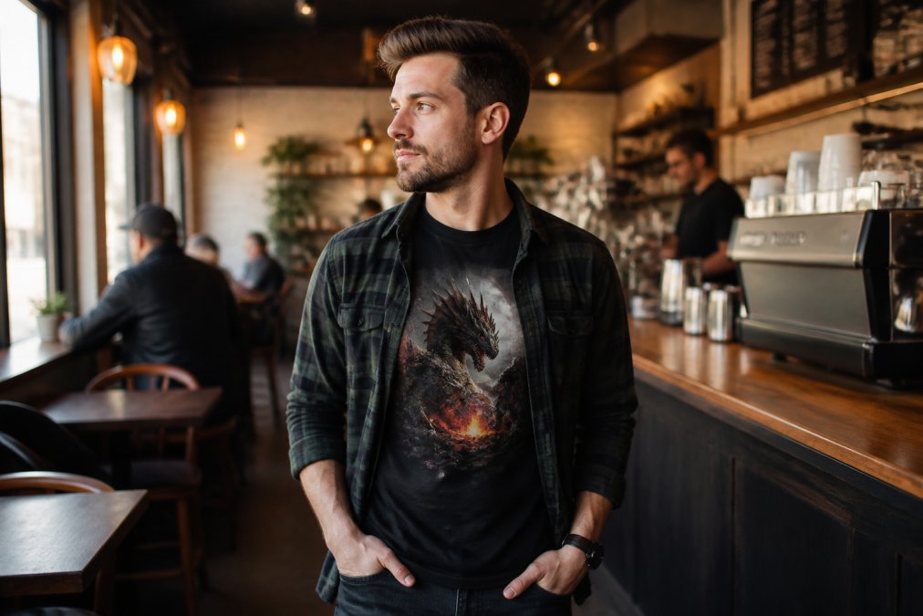 A man in his 30s wearing a dark graphic tee layered under an open flannel shirt, standing casually in a coffee shop with warm natural lighting