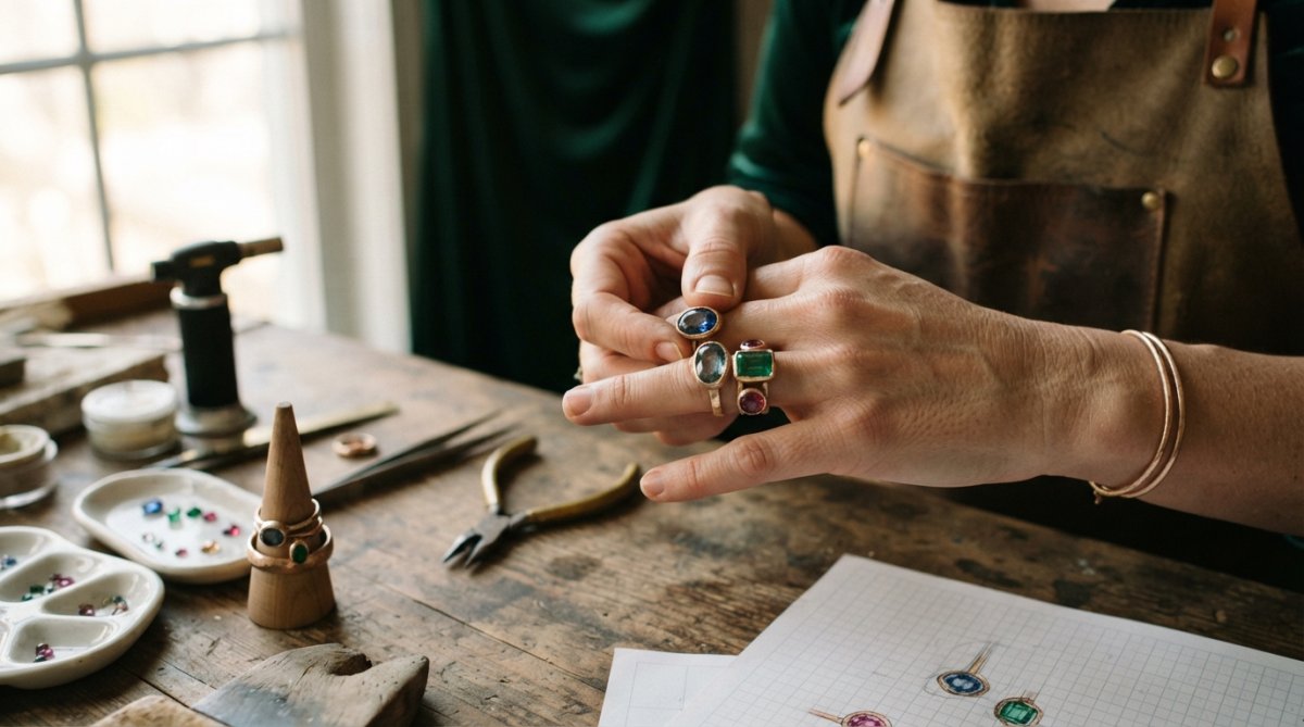 A stack of unique gemstone rings in sapphire and emerald worn with rose gold on a hand against an elegant dress.