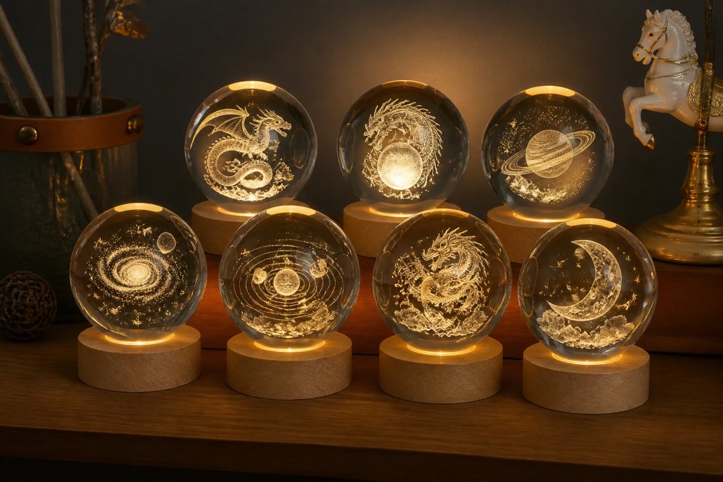 Close-up of artisan-crafted crystal ball LED stands with dragon and universe designs displayed on a wooden shelf, warm LED light glowing from within the crystal spheres, highlighting intricate laser etchings against soft background lighting