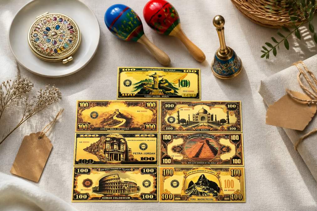 Flat-lay arrangement of small gift items including bejeweled pocket mirror, wooden maracas in vibrant colors, brass bell with blue enamel, and novelty notes artfully arranged on neutral linen with soft natural window lighting, small gift tags visible