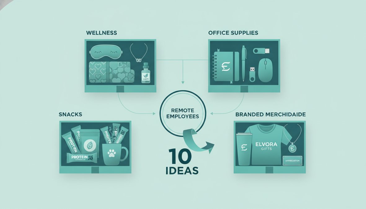 Flatlay arrangement of different themed gift boxes open on a wooden table, showing wellness items, office supplies, gourmet snacks, and branded merchandise spilling out
