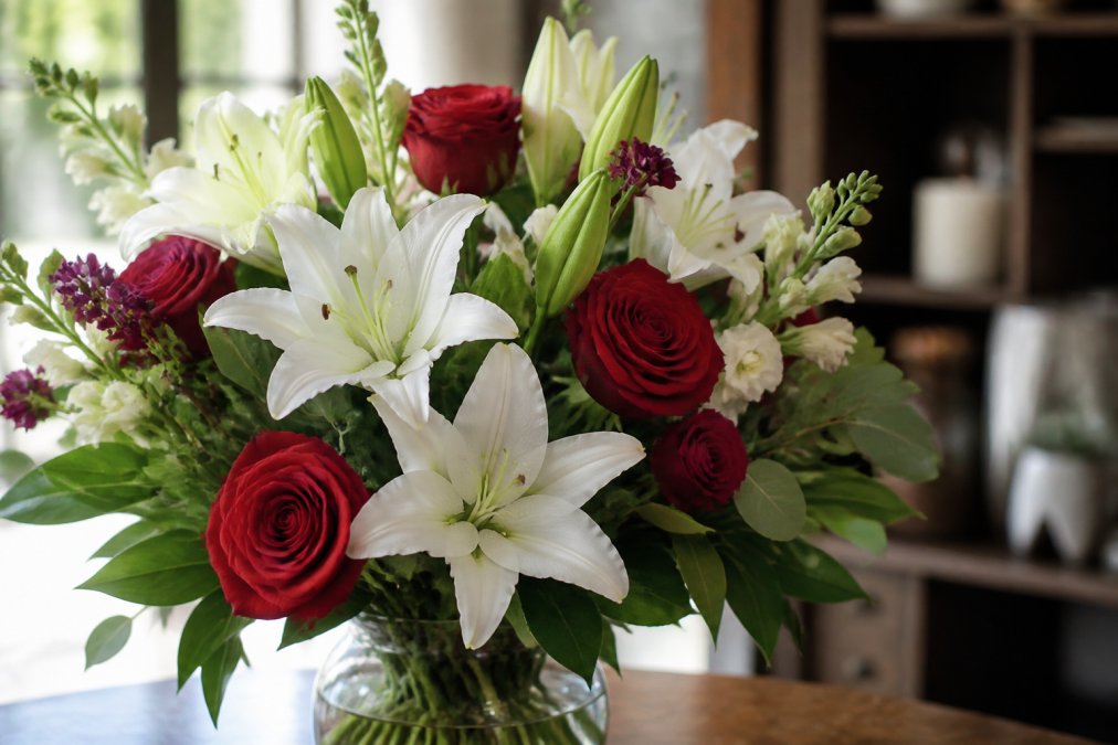 Close-up of vibrant fresh floral arrangement with deep red roses, white lilies, and lush green foliage arranged in elegant clear vase, soft natural lighting highlighting the blooms