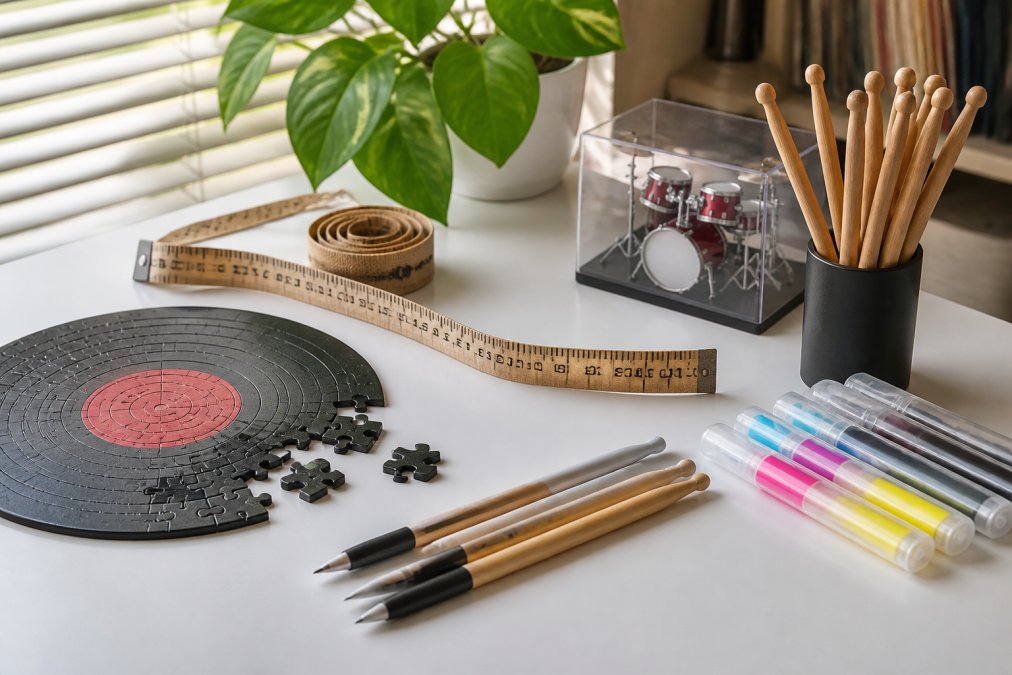 Colourful array of quirky gadgets and novelty items displayed on a bright white surface, including vinyl record puzzles, measuring tapes, drumstick pens, and CMYK colour pens arranged in an appealing gift collection with natural lighting