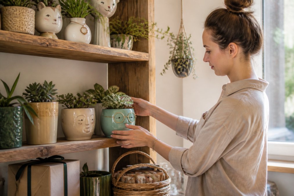 Person arranging decorative plant pots and garden-themed gifts on a wooden shelf in a cosy home setting with natural light streaming through a window, displaying quirky plant-themed items