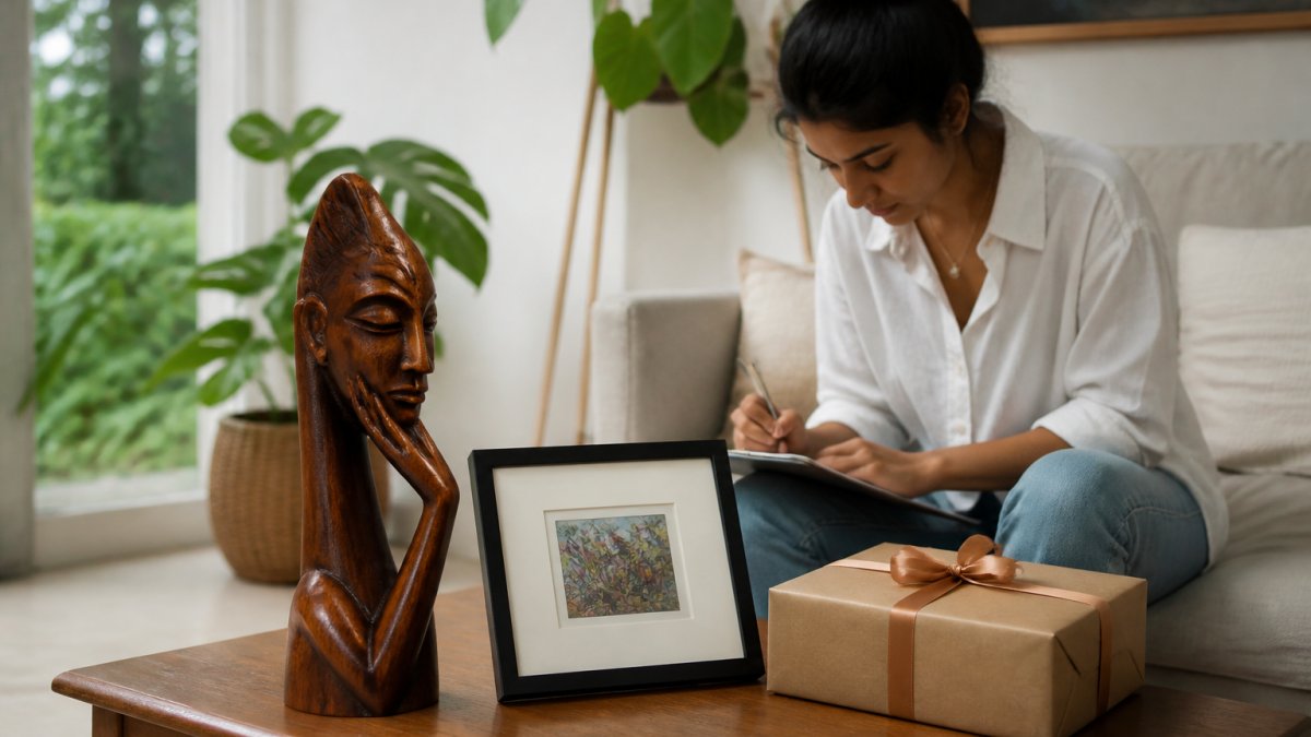 Infographic comparing gift ideas including a mahogany sculpture, a framed print, and a wrapped present.