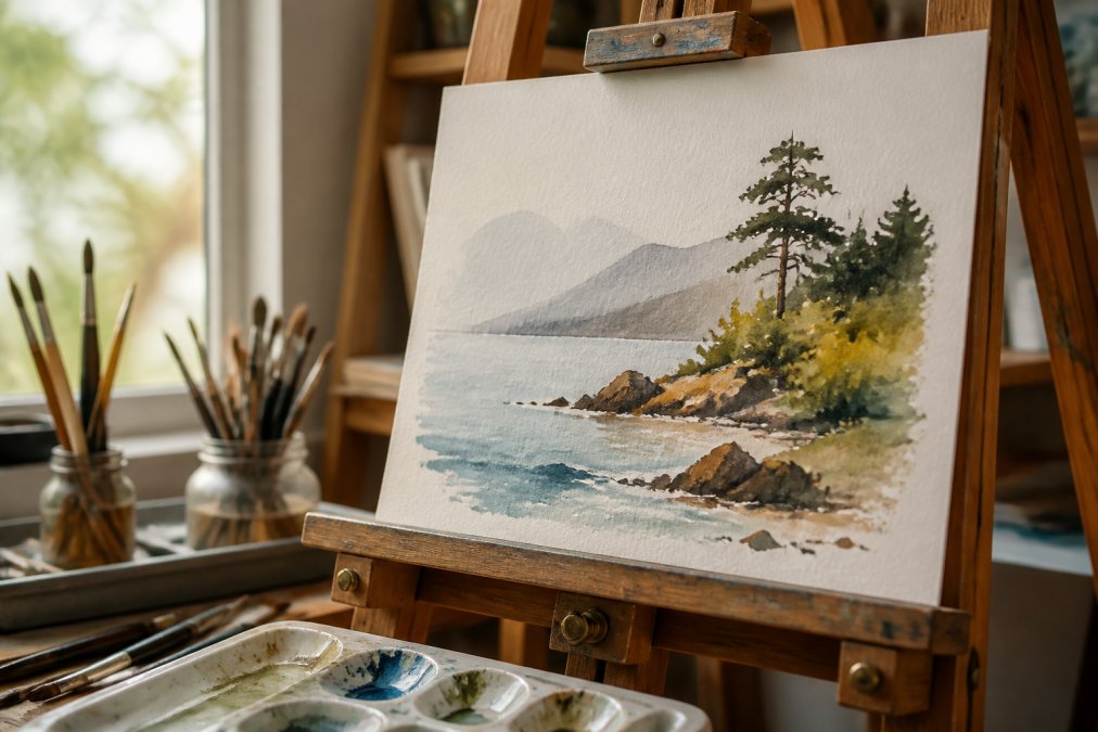 Close-up of a watercolor painting resting on a wooden easel in a cozy home studio, paintbrushes and a ceramic palette nearby, soft natural light through a window