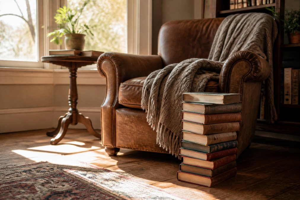 A cozy reading corner with a worn armchair, a stack of hardcover books on the floor, and soft afternoon light streaming through a window