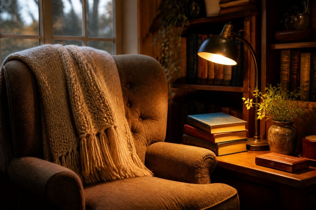 A warmly lit reading nook in a home with a comfortable armchair, a soft throw blanket draped over the back, a stack of hardcover books on a side table, and a small reading lamp casting a golden glow in the evening