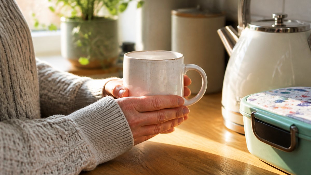 Close-up of hands holding a personalised ceramic mug with a name printed on it, resting on a kitchen counter beside a kettle and a child's lunchbox, warm morning light